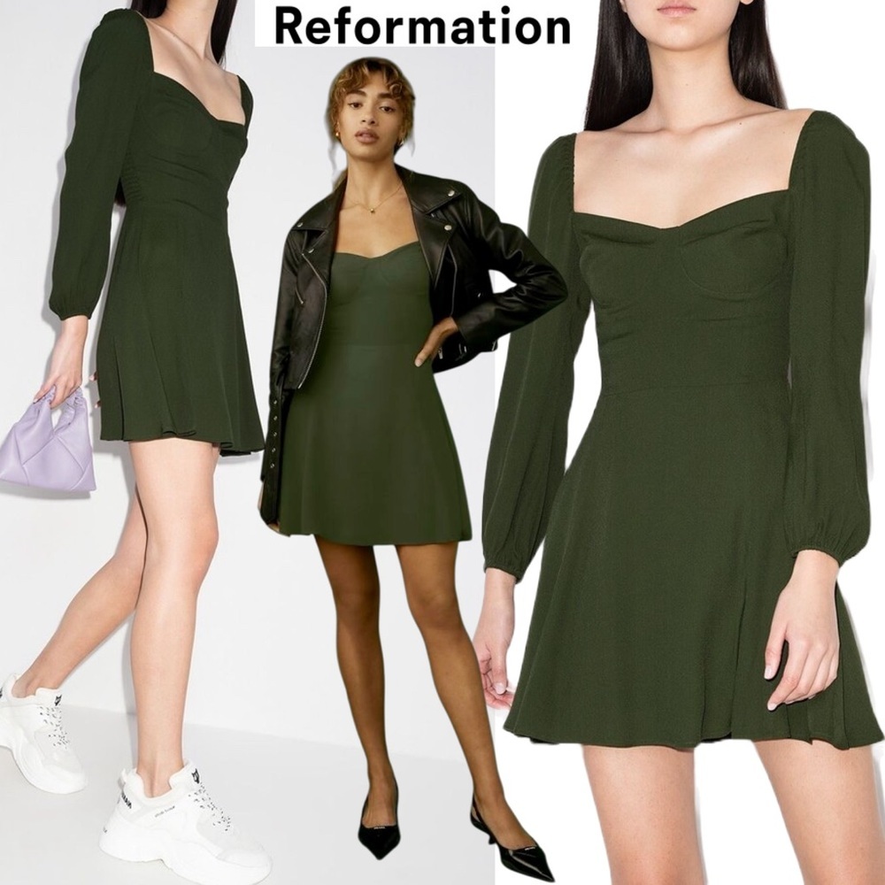 Reformation Olive Green Square-Neck Long-Sleeve Mini Dress